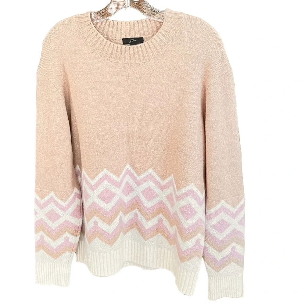 J. CREW Geometric Fair Isle Crewneck Sweater Heather Khaki Ivory Women's Size S